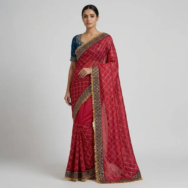 Maroon_Chickened_Saree_With_Blue_Embroidered_Blouse_Set_&_Hot_Pink_Satin_Robe_With_Black_Lace_Trim_Saree_(Combo_Of_2)