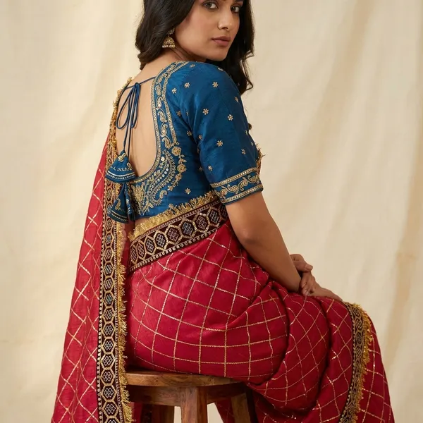 Maroon_Chickened_Saree_With_Blue_Embroidered_Blouse_Set_&_Hot_Pink_Satin_Robe_With_Black_Lace_Trim_Saree_(Combo_Of_2)