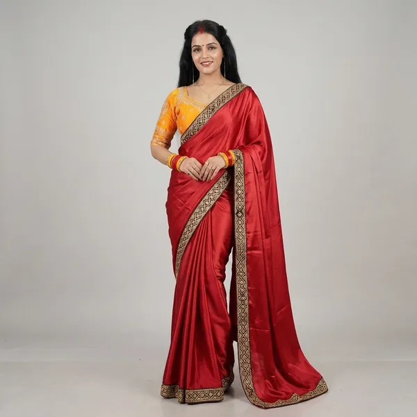 Red_Japan_Satin_Silk_Saree_With_Golden_Border_And_Yellow_Blouse