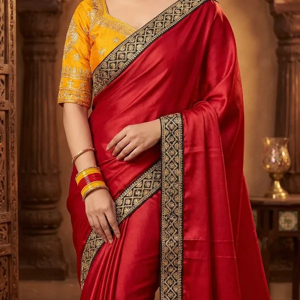 Red_Japan_Satin_Silk_Saree_With_Golden_Border_And_Yellow_Blouse