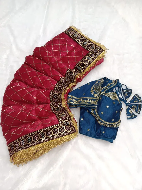 Maroon_Chickened_Saree_With_Blue_Embroidered_Blouse_Set_&_Hot_Pink_Satin_Robe_With_Black_Lace_Trim_Saree_(Combo_Of_2)