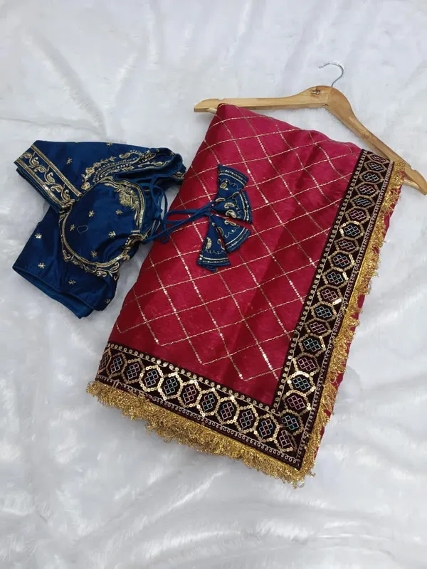 Maroon_Chickened_Saree_With_Blue_Embroidered_Blouse_Set_&_Hot_Pink_Satin_Robe_With_Black_Lace_Trim_Saree_(Combo_Of_2)