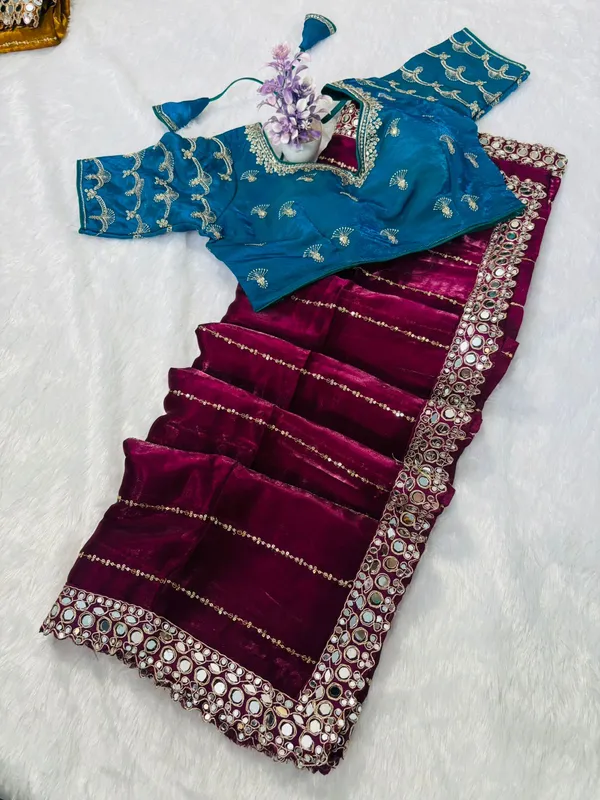 TRENDY_HAVEY_WORK_SAREE_ORIGNAL_MIRROR_WORK_SAREE_WITH_CONTRAST_STICH_BLOUSE