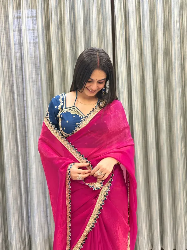 Red_Fancy_Satin_Saree_With_Blue_Embroidered_Blouse_And_Golden_Border