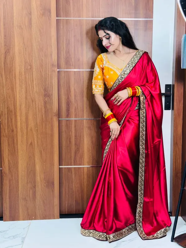 Red_Japan_Satin_Silk_Saree_With_Golden_Border_And_Yellow_Blouse