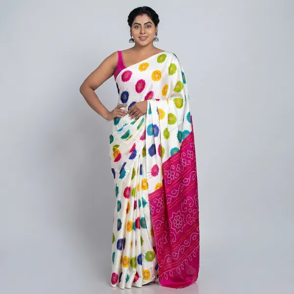 White_Floral_Print_Saree_With_Pink_Bandhani_Border