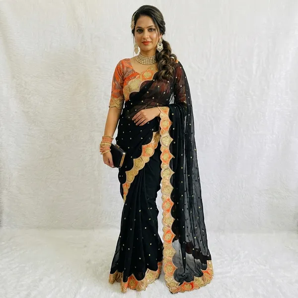 Black_Fancy_Silk_Saree_With_Orange_&_Gold_Embroidered_Border_And_Sequin_Work
