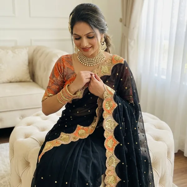 Black_Fancy_Silk_Saree_With_Orange_&_Gold_Embroidered_Border_And_Sequin_Work