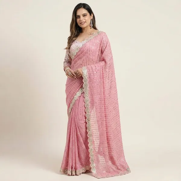 Pink_Embellished_And_Original_Hand_Mirror_Saree_With_Sequin_Blouse_Ethnic_Wear_For_Women