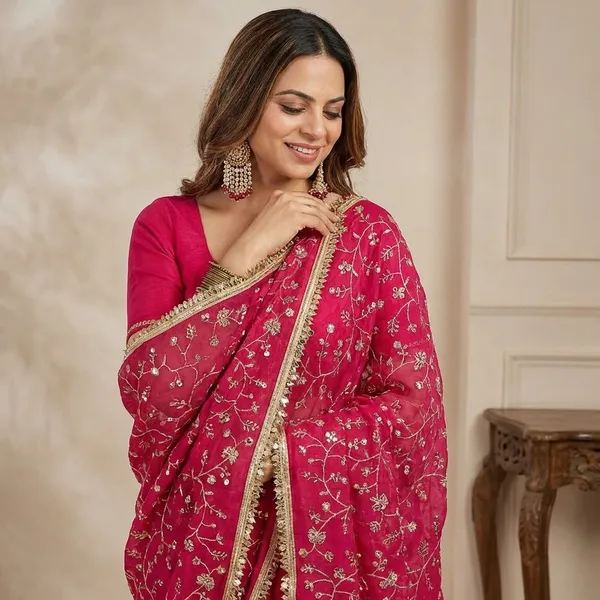 Red_Embroidered_Floral_Saree_With_Golden_Border