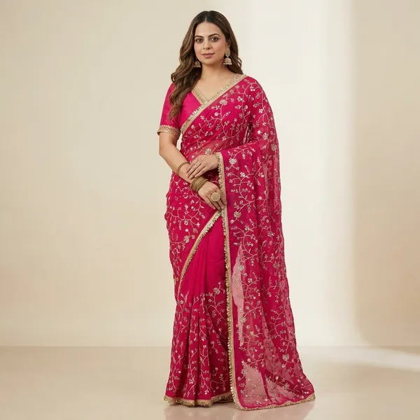 Red_Embroidered_Floral_Saree_With_Golden_Border