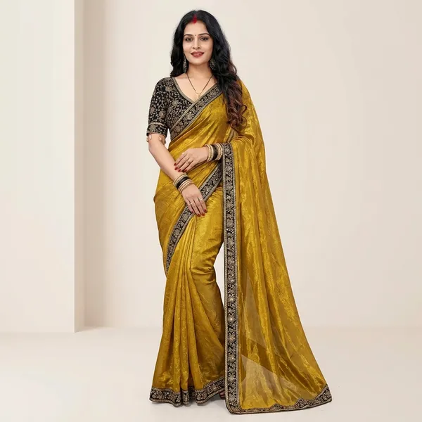Traditional_Black_Embroidered_Blouse_With_Golden_Tissue_Saree