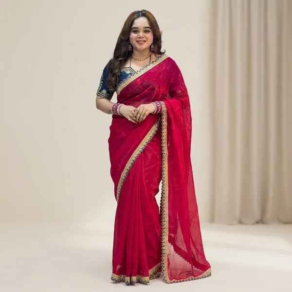 Red_Fancy_Satin_Saree_With_Blue_Embroidered_Blouse_And_Golden_Border