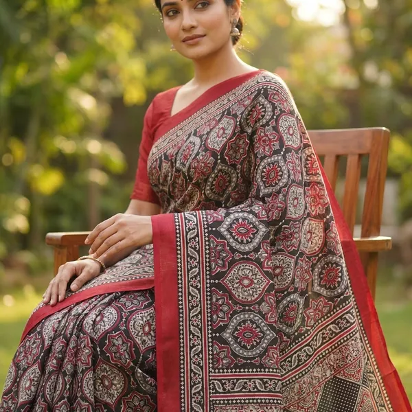 Black_And_Red_Kalamkari_Saree_With_Scalloped_Border