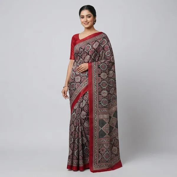 Black_And_Red_Kalamkari_Saree_With_Scalloped_Border
