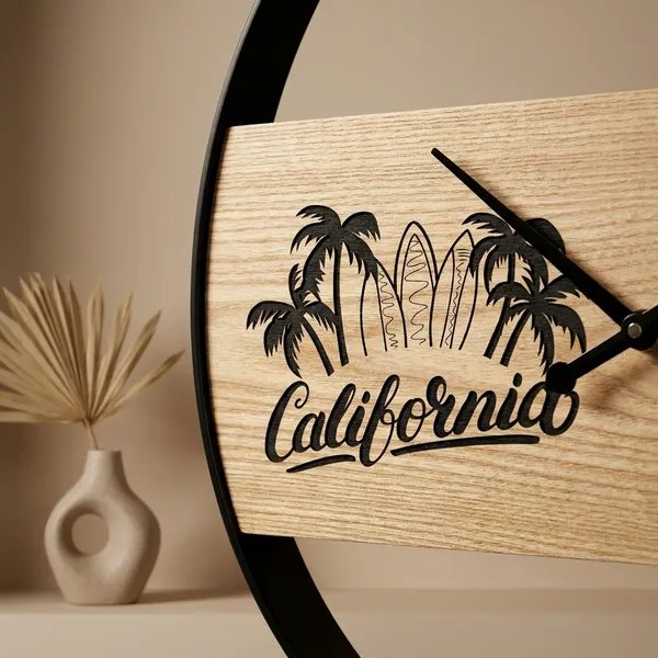 California_Wooden_Wall_Clock_With_Black_Metal_Frame