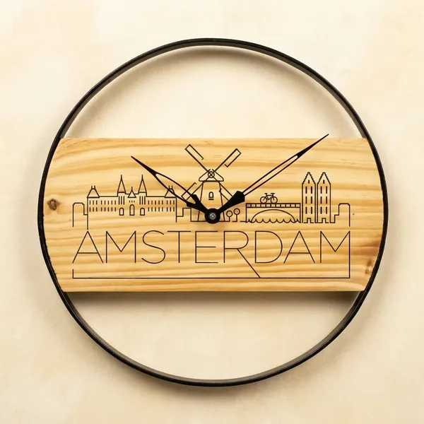 Amsterdam_Skyline_Wooden_Wall_Clock_With_Black_Metal_Frame