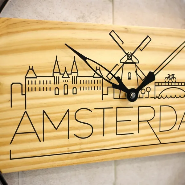 Amsterdam_Skyline_Wooden_Wall_Clock_With_Black_Metal_Frame