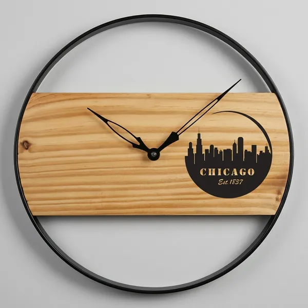 Chicago_Skyline_Wooden_Wall_Clock_With_Black_Metal_Frame