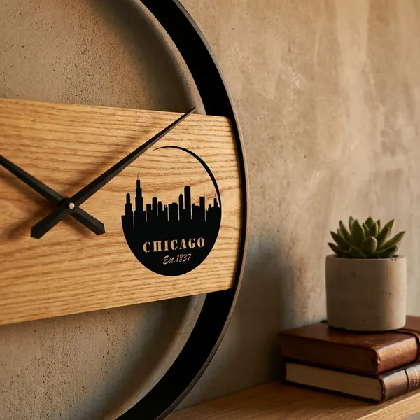 Chicago_Skyline_Wooden_Wall_Clock_With_Black_Metal_Frame