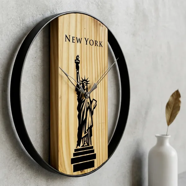 New_York_Statue_Of_Liberty_Wooden_Wall_Clock_-_Round_Black_Frame