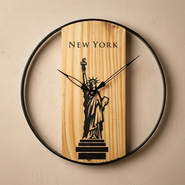 New_York_Statue_Of_Liberty_Wooden_Wall_Clock_-_Round_Black_Frame