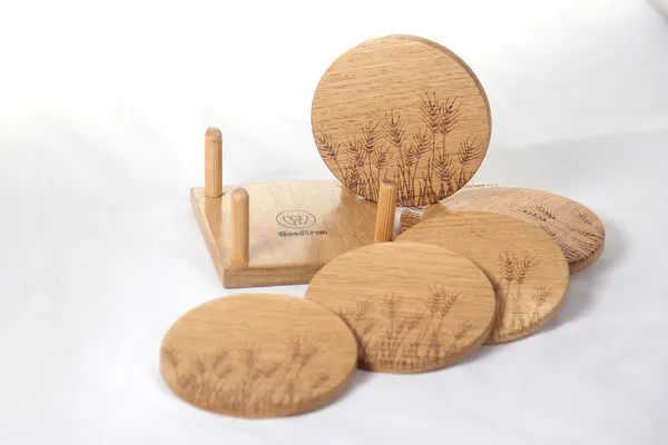 Wooden_Coaster_Set_With_Wheat_Engraving_And_Holder_Stand_(Set_Of_6)