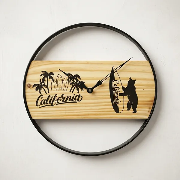 California_Wooden_Wall_Clock_With_Bear_Surfboard_Design