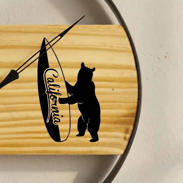 California_Wooden_Wall_Clock_With_Bear_Surfboard_Design