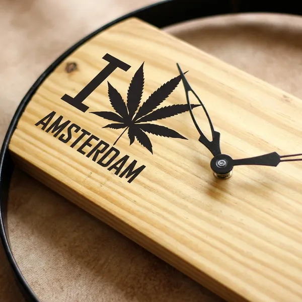 I_Love_Amsterdam_Wall_Clock_-_Wooden_Cannabis_Leaf_Design