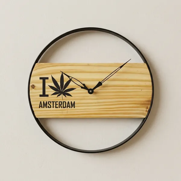 I_Love_Amsterdam_Wall_Clock_-_Wooden_Cannabis_Leaf_Design