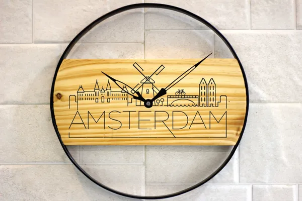 Amsterdam_Skyline_Wooden_Wall_Clock_With_Black_Metal_Frame