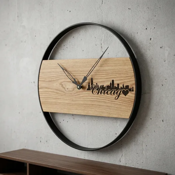 Chicago_Skyline_Wooden_Wall_Clock_With_Black_Metal_Frame