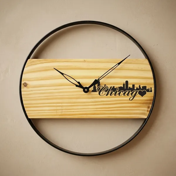 Chicago_Skyline_Wooden_Wall_Clock_With_Black_Metal_Frame