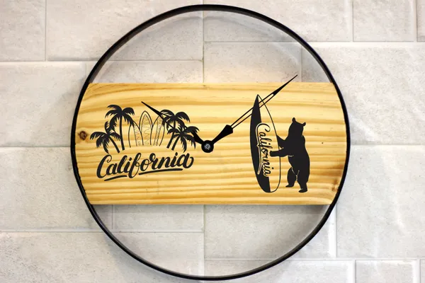California_Wooden_Wall_Clock_With_Bear_Surfboard_Design