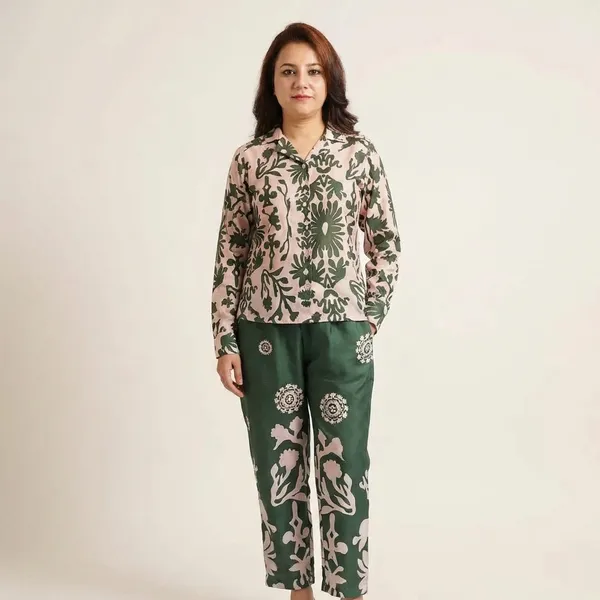Womens_Floral_Print_Two_Piece_Suit_Set_Green_And_Beige