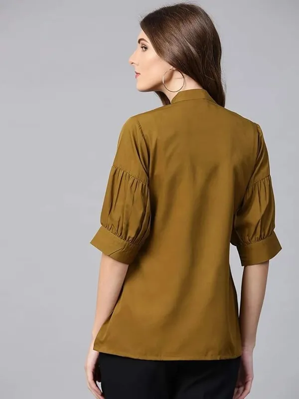 Womens_Olive_Green_Button_Down_Top_With_Puff_Sleeves