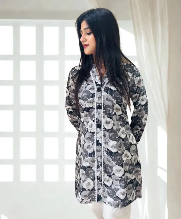 Womens_Grey_Floral_Print_Button_Down_Kurti