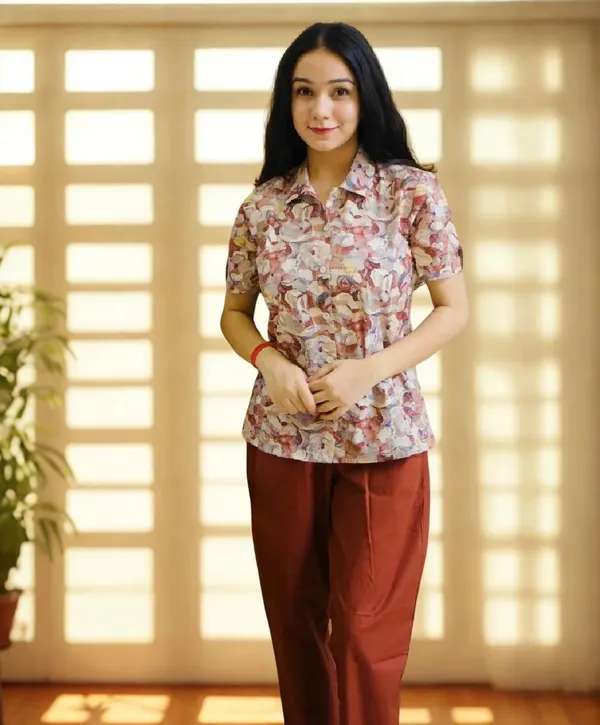 Floral_Print_Short_Sleeve_Collared_Top_With_Rust_Trousers_Set