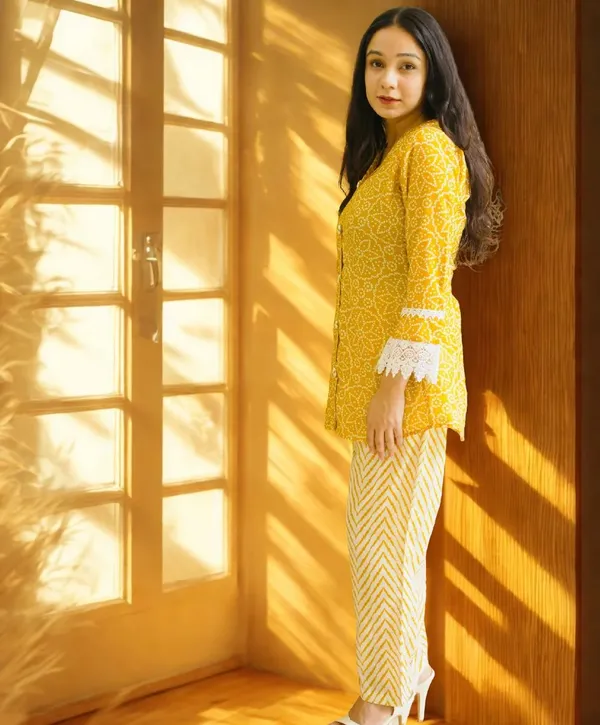 Womens_Yellow_Embroidered_Kurta_With_White_Lace_Detail_And_Chevron_Pants_Set