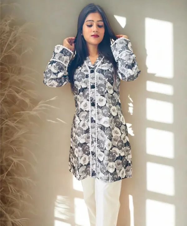 Womens_Grey_Floral_Print_Button_Down_Kurti