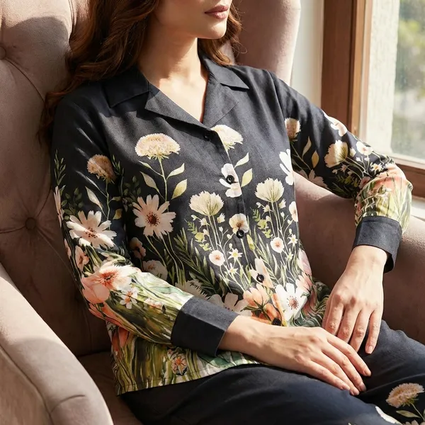 Womens_Black_Floral_Print_Collared_Shirt_And_Pants_Co_Ord_Set