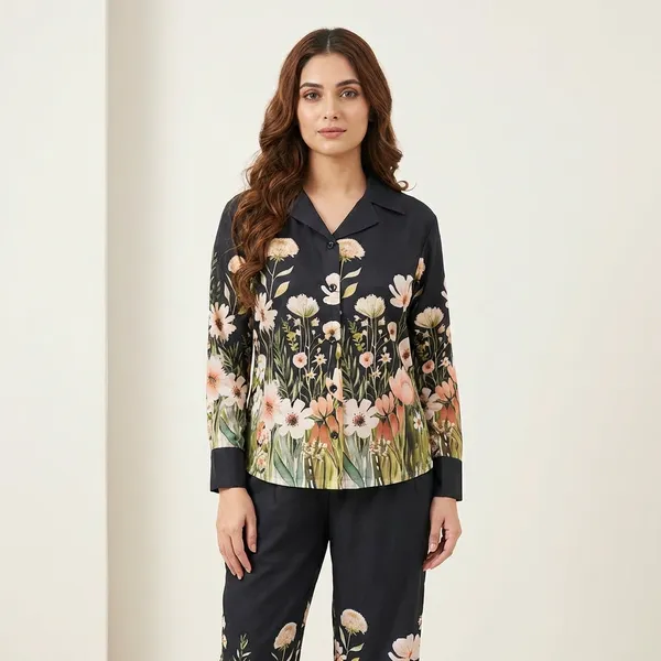 Womens_Black_Floral_Print_Collared_Shirt_And_Pants_Co_Ord_Set