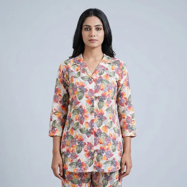 Womens_Floral_Print_Shirt_White_With_Multicolour_Leaf_Pattern