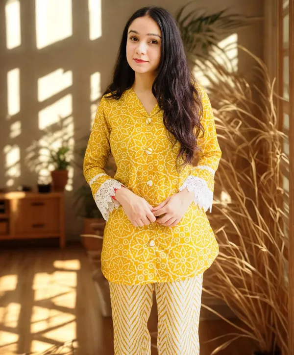 Womens_Yellow_Embroidered_Kurta_With_White_Lace_Detail_And_Chevron_Pants_Set