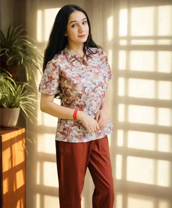 Floral_Print_Short_Sleeve_Collared_Top_With_Rust_Trousers_Set