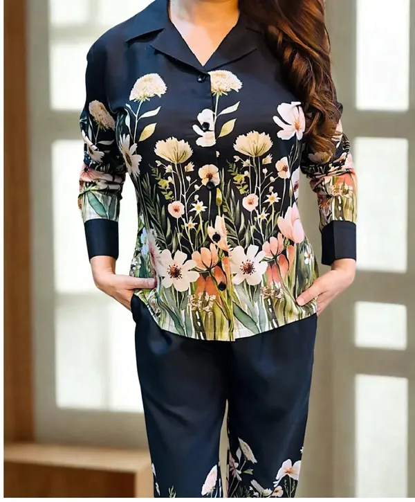 Womens_Black_Floral_Print_Collared_Shirt_And_Pants_Co_Ord_Set