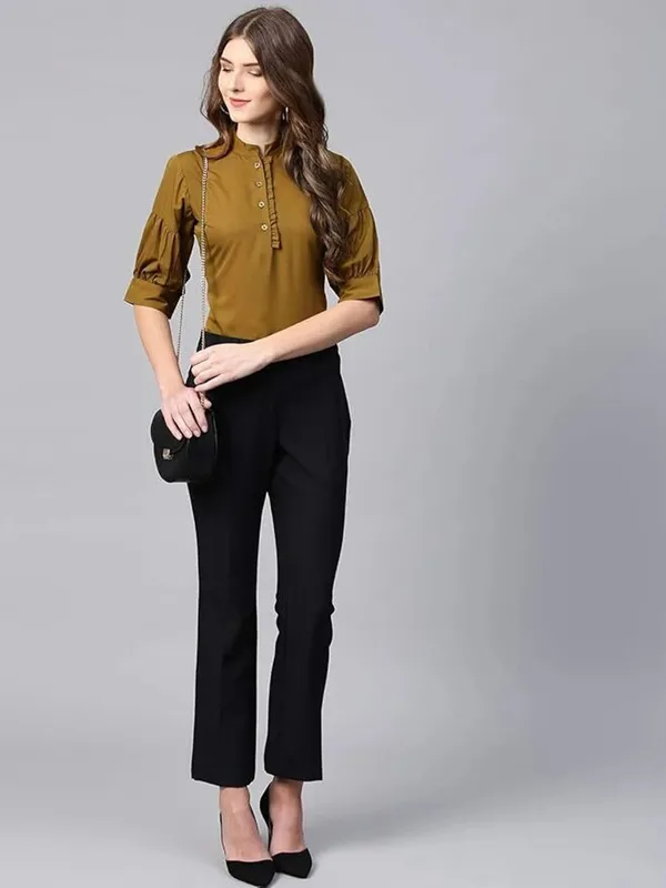 Womens_Olive_Green_Button_Down_Top_With_Puff_Sleeves
