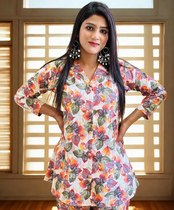 Womens_Floral_Print_Shirt_White_With_Multicolour_Leaf_Pattern