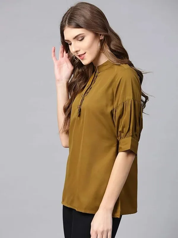 Womens_Olive_Green_Button_Down_Top_With_Puff_Sleeves